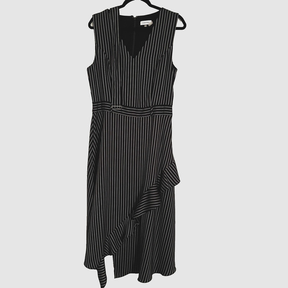 Calvin Klein Midi Dress SZ 10 Striped  Coquette Ruffle Asymmetrical Party Career - Picture 2 of 14